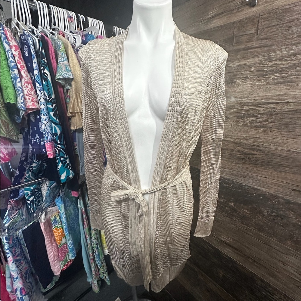 White House Black Market Open Knit Tie-Waist Cardigan in Beige